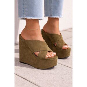 NWB Sergio Rossi Alma Crisscross Platform Wedge Sandals Royal Army Size 36